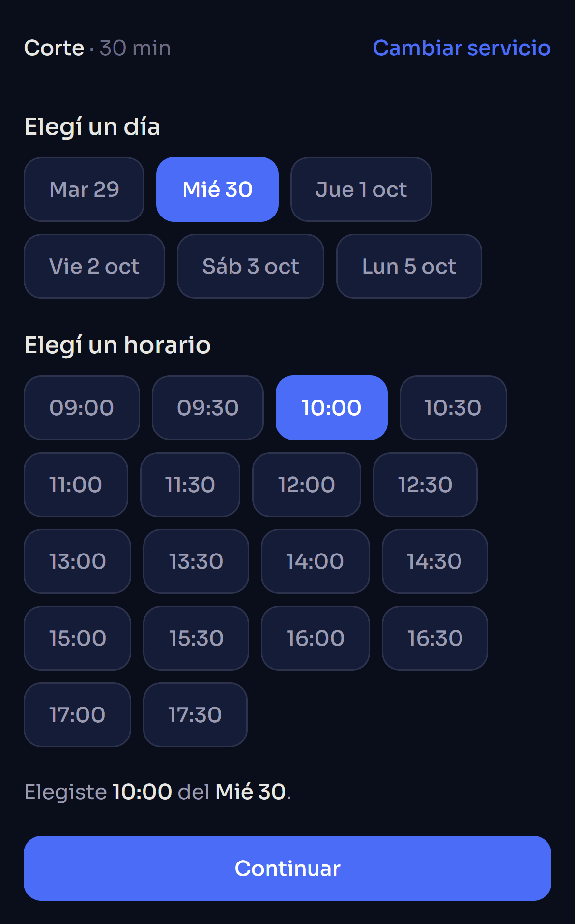 Pantalla de reserva de Nexo Sur Turnos: el cliente elige día y horario